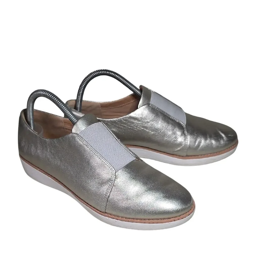 FitFlop Laceless Derby Silver Metallic Slip-On Shoes Womens Size 8.5