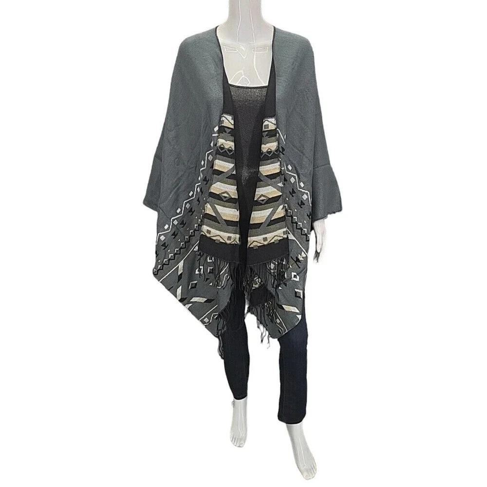 Indigo Thread Co One Size Aztec Printed Fringed Reversible Blanket Wrap Cardigan