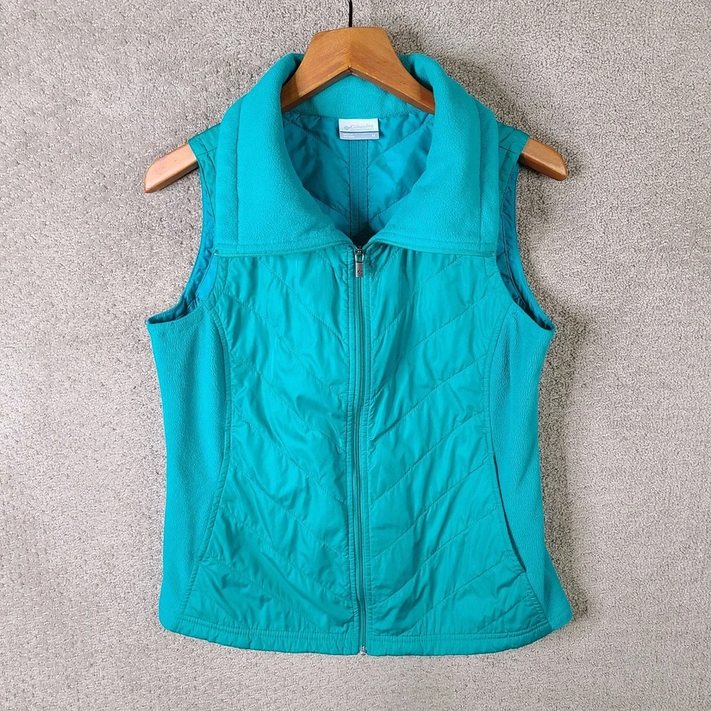 Columbia Vest Womens M Blue Fleece Trim Quilted Full Zip Puffer‎ High Neck