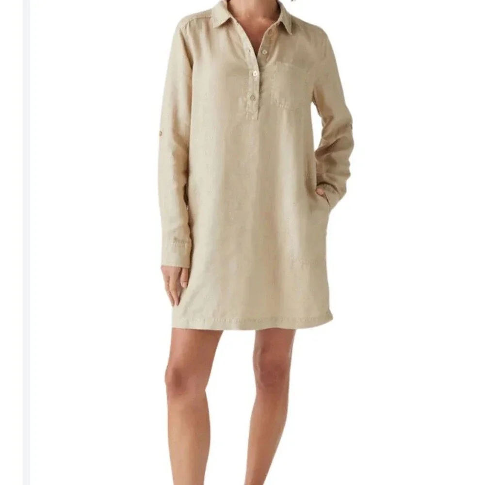 Michael Stars Eleanor Utility Shirt‎ Dress Linen Roll Tab Sleeves Natural Tan XS