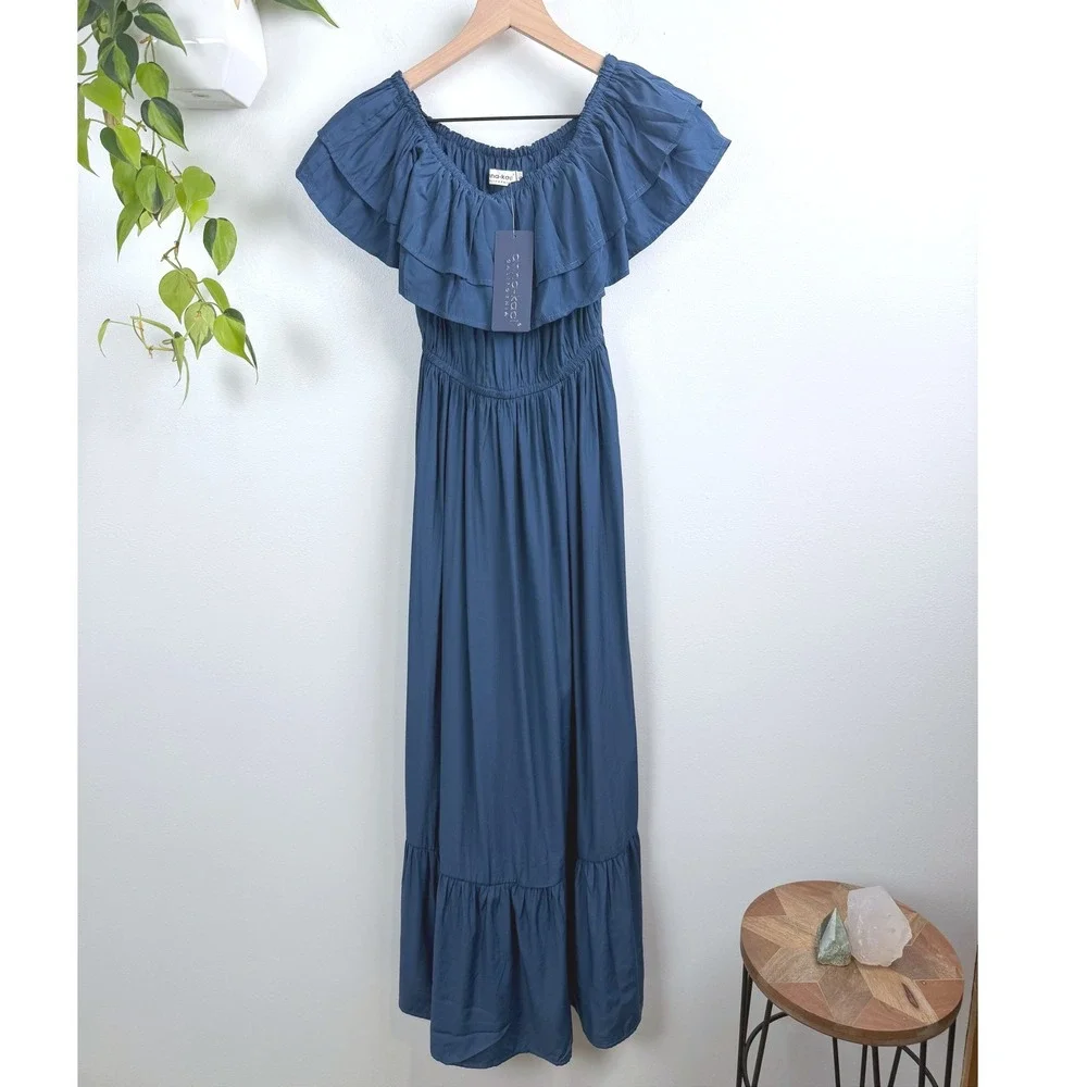 Anna-Kaci Blue Ruffle Off Shoulder Smocked Maxi Dress Rayon Cupro Boho S