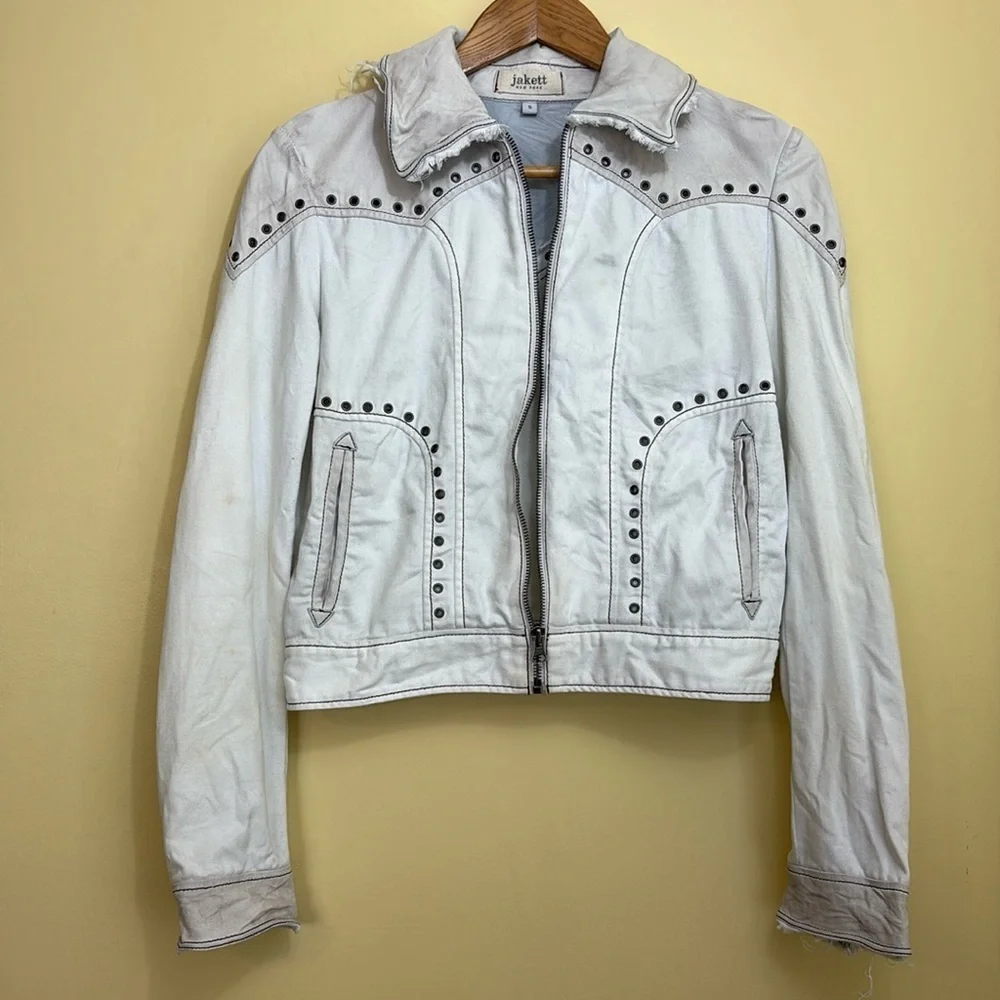 Jakket NY | Cream White Leather & Twill Riveted Studded Zip Pocket Moto Jacket S