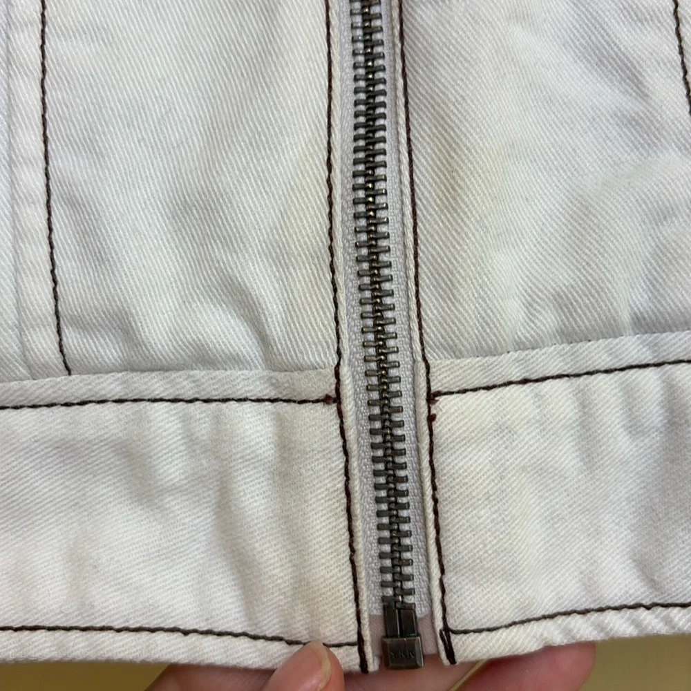 Jakket NY | Cream White Leather & Twill Riveted Studded Zip Pocket Moto Jacket S