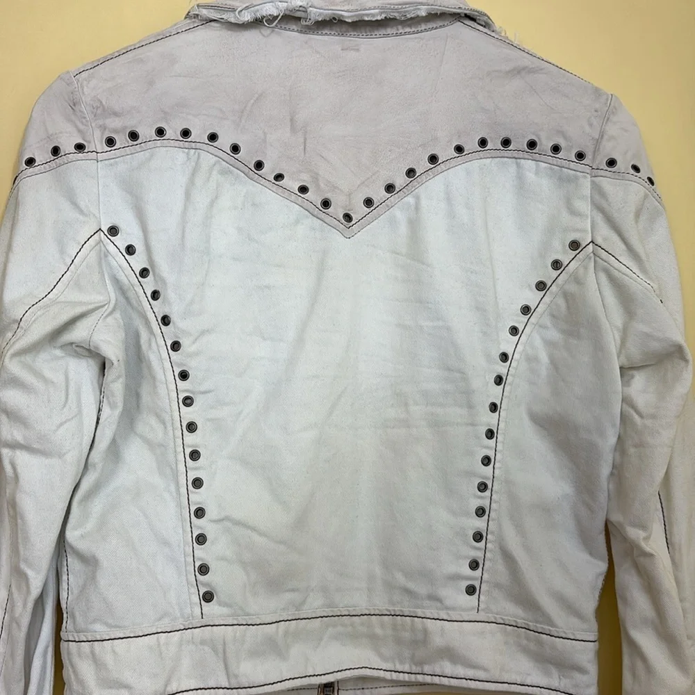 Jakket NY | Cream White Leather & Twill Riveted Studded Zip Pocket Moto Jacket S