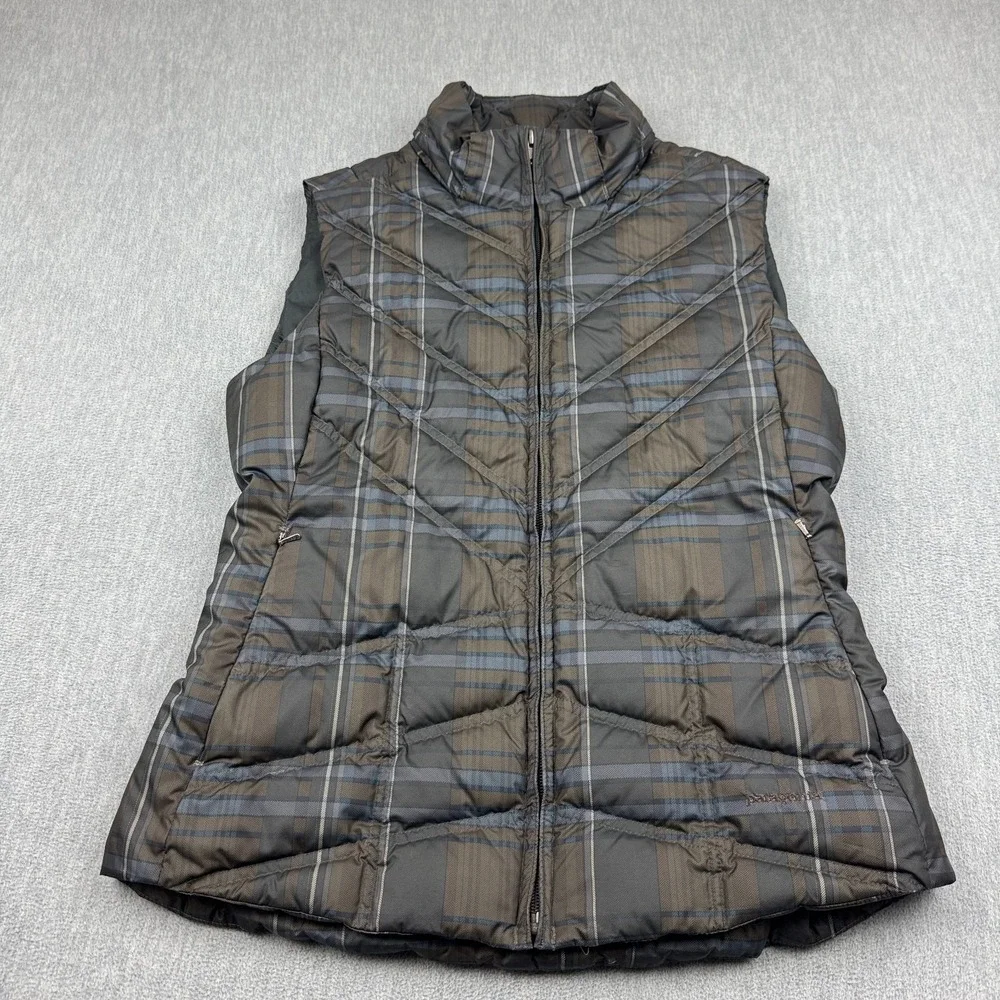 Patagonia Vest Womens Small Gray Brown Plaid Puffer Full Zip Goose Down Gorpcore