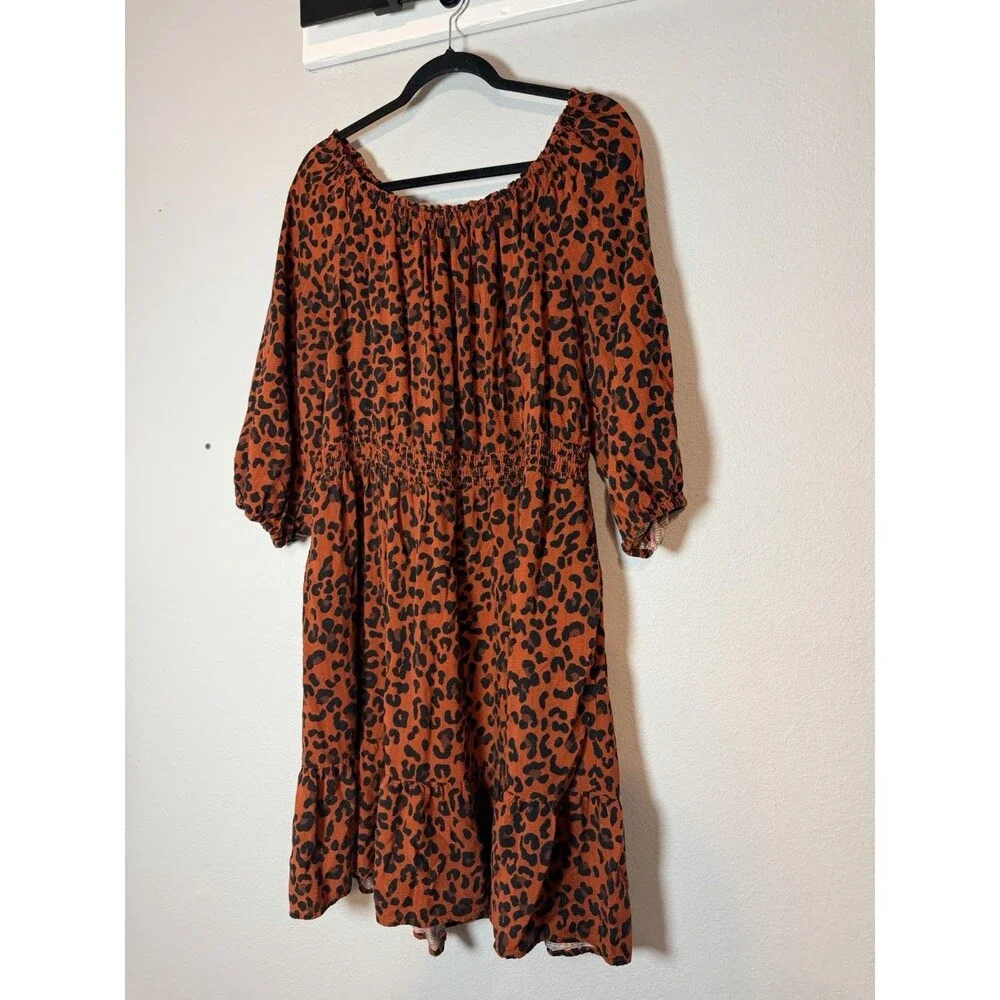 Knox Rose Smocked Leopard A-Line Dress XXL Knee Length Brown Black Cheetah