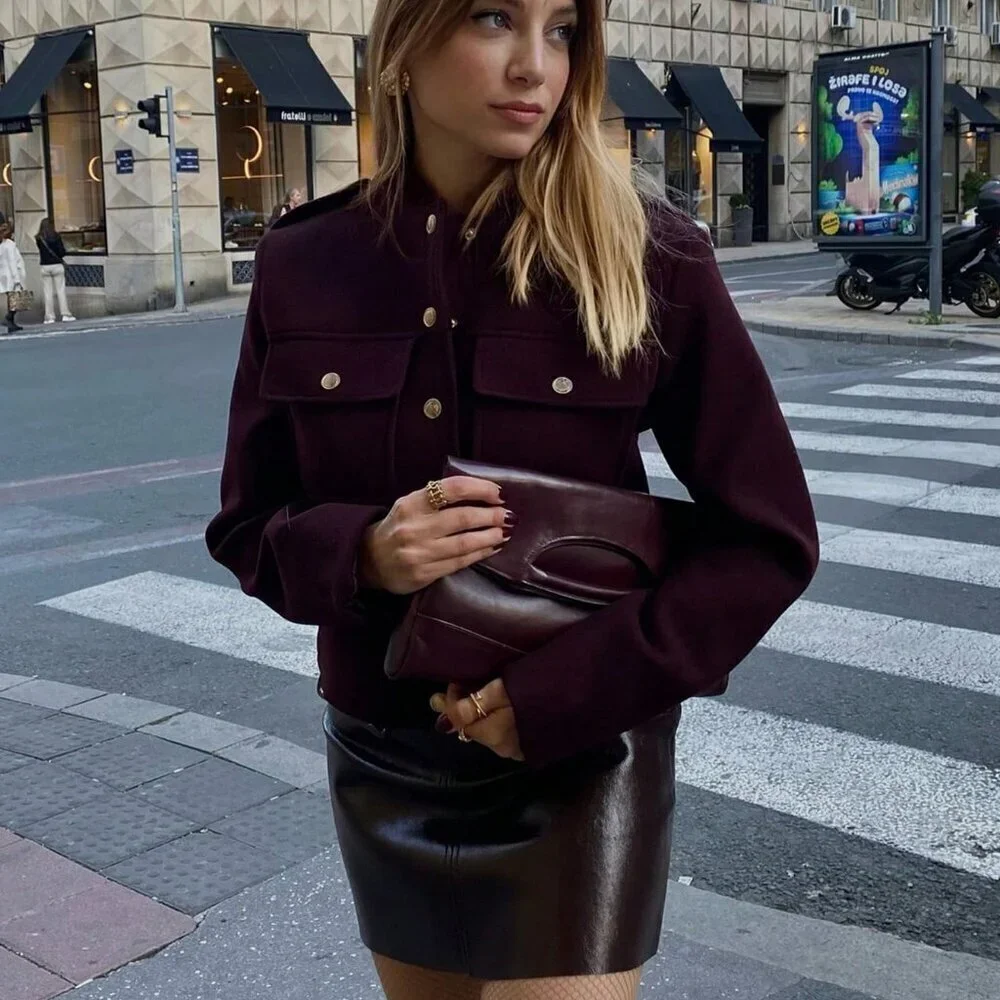 Burgundy Casual Women's Pockets Buttons detailed Jacket