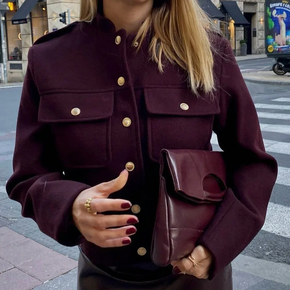 Burgundy Casual Women's Pockets Buttons detailed Jacket