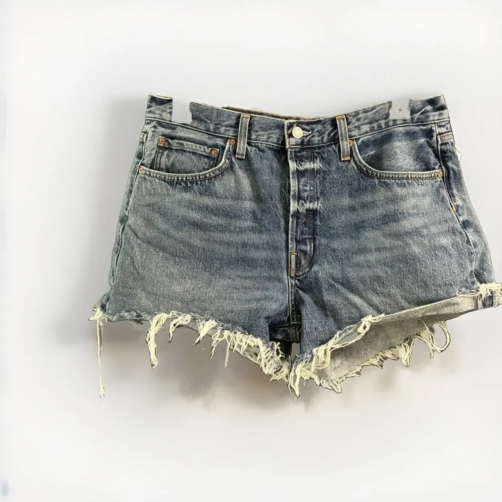 AGOLDE Parker Long Cut Off Denim Short Size 31 Raw Hem Frayed High Rise