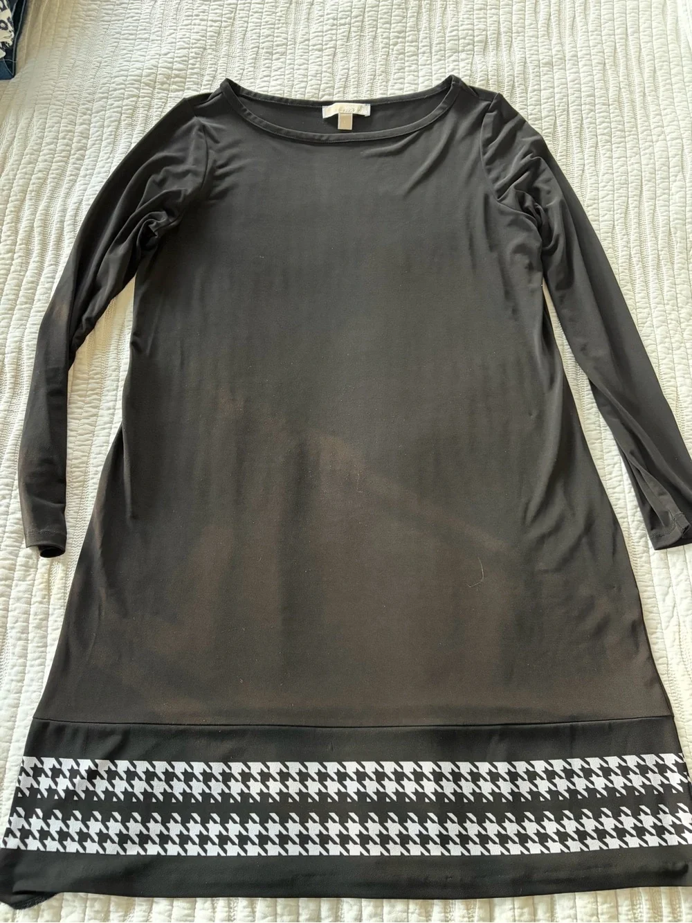 Michael Kors Black Long-Sleeve Shift Dress with Houndstooth Hem