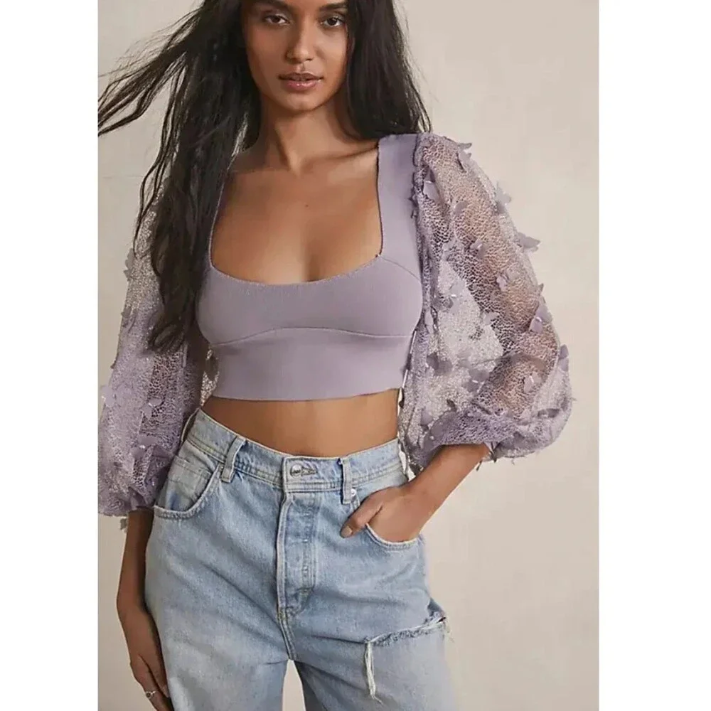 Free People Flutter By Crop Top Size XS Purple Butterfly Whimsical Ethereal