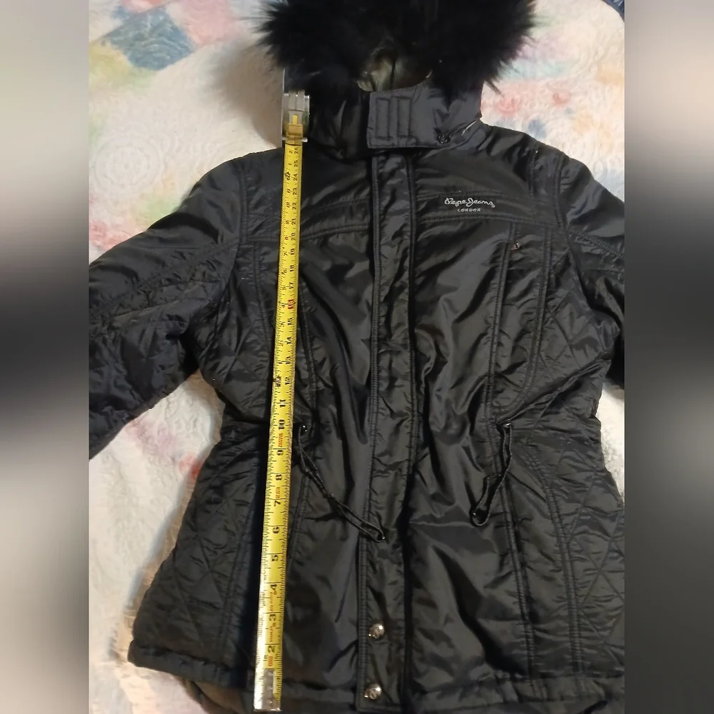 Pepe Jeans‎ London. Black Hooded Winter Jacket with Fur Trim. SzXL