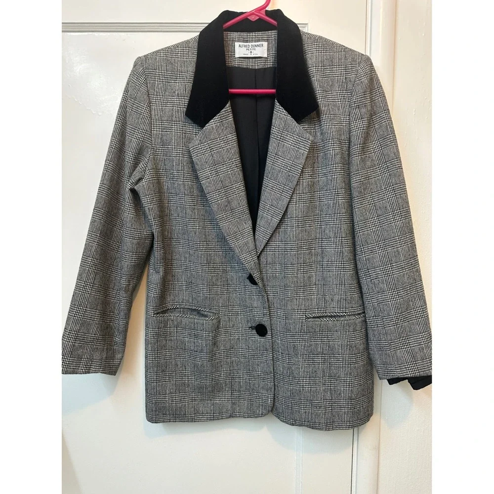 Alfred Dunner Vintage‎ Plaid Blazer Velvet Collar Grey Black Wool Blend Petite 6