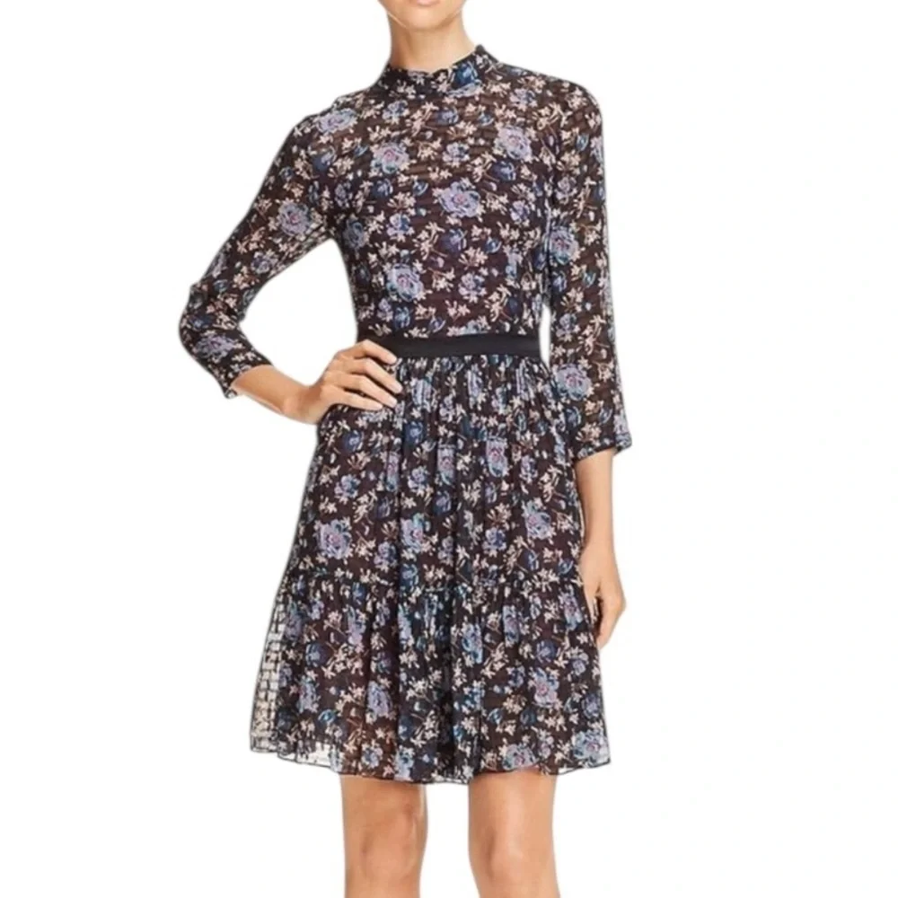 REBECCA TAYLOR Silk Solstice Floral High Neck Short Dress Black Size 0