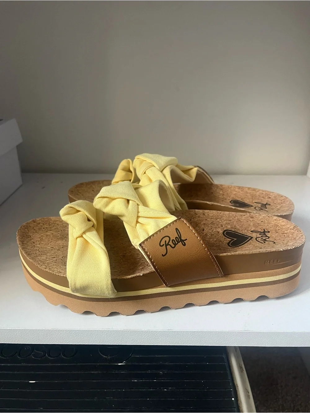 Reef Yellow Knotted Fabric Cork Slide Sandals