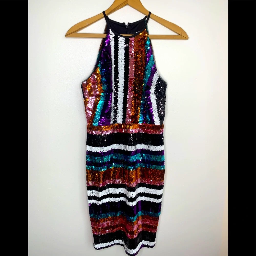 TFNC London Short Full Sequin Halter Multicolor PROM Club Rave