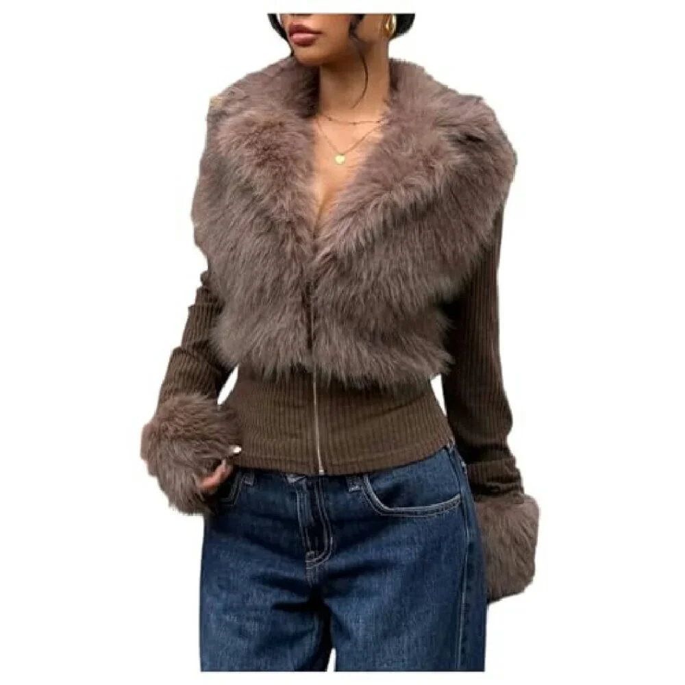 Faux Fur Zip Jacket Slim Fit Winter Coat Fuzzy Collar Outerwear