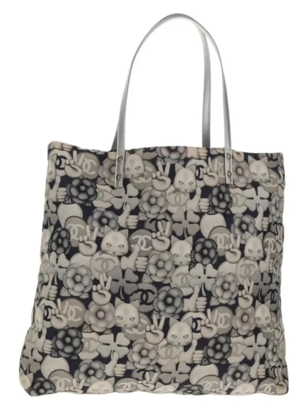 CHANEL COCO Mark Tote Bag Nylon Navy Gray CC Auth 145888V