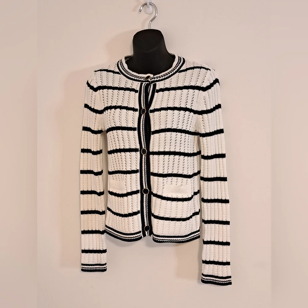 Free Assembly Black & White Striped Knit Long Sleeve Cardigan Sweater Size XS
