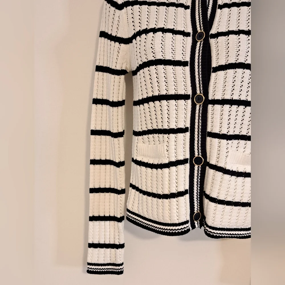 Free Assembly Black & White Striped Knit Long Sleeve Cardigan Sweater Size XS