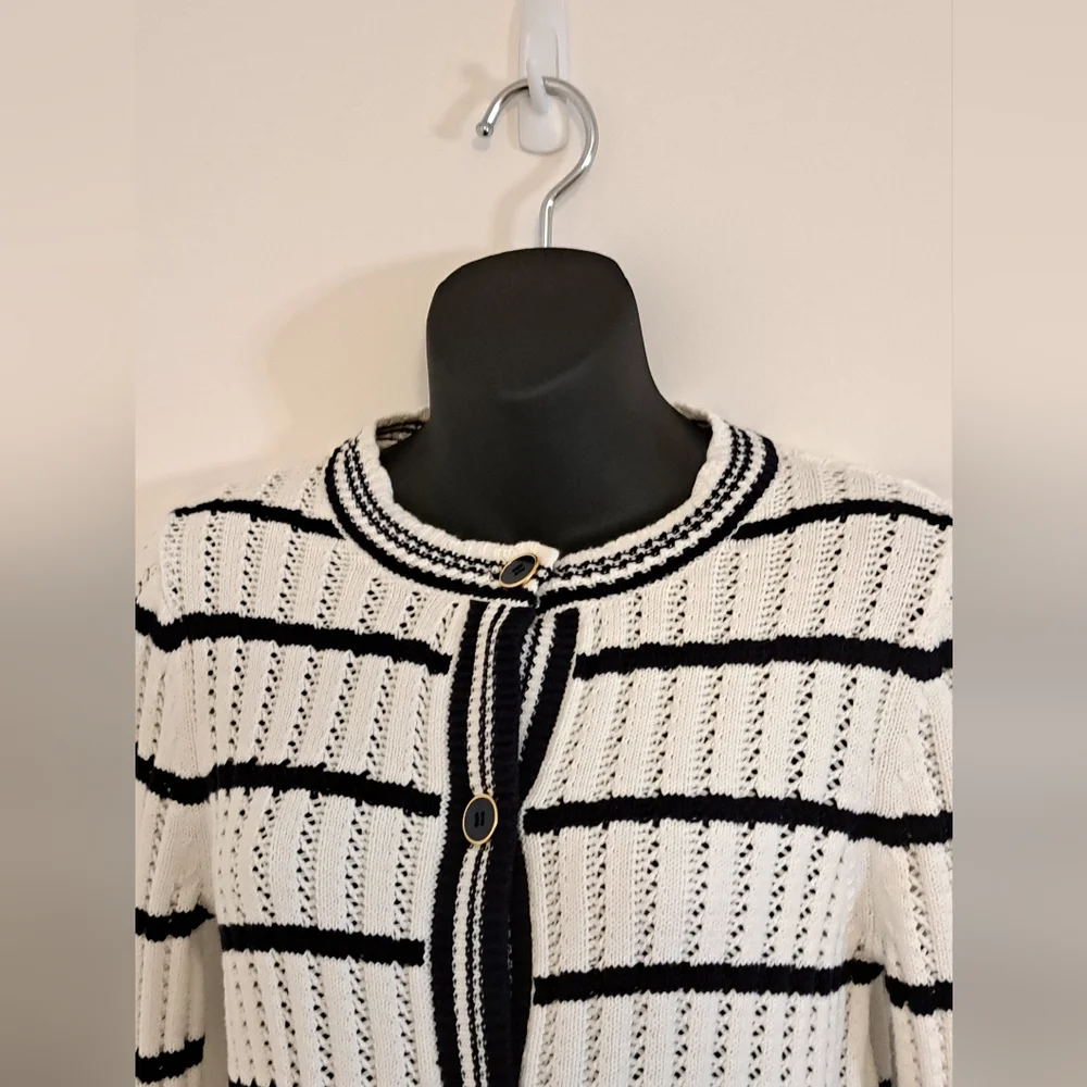 Free Assembly Black & White Striped Knit Long Sleeve Cardigan Sweater Size XS