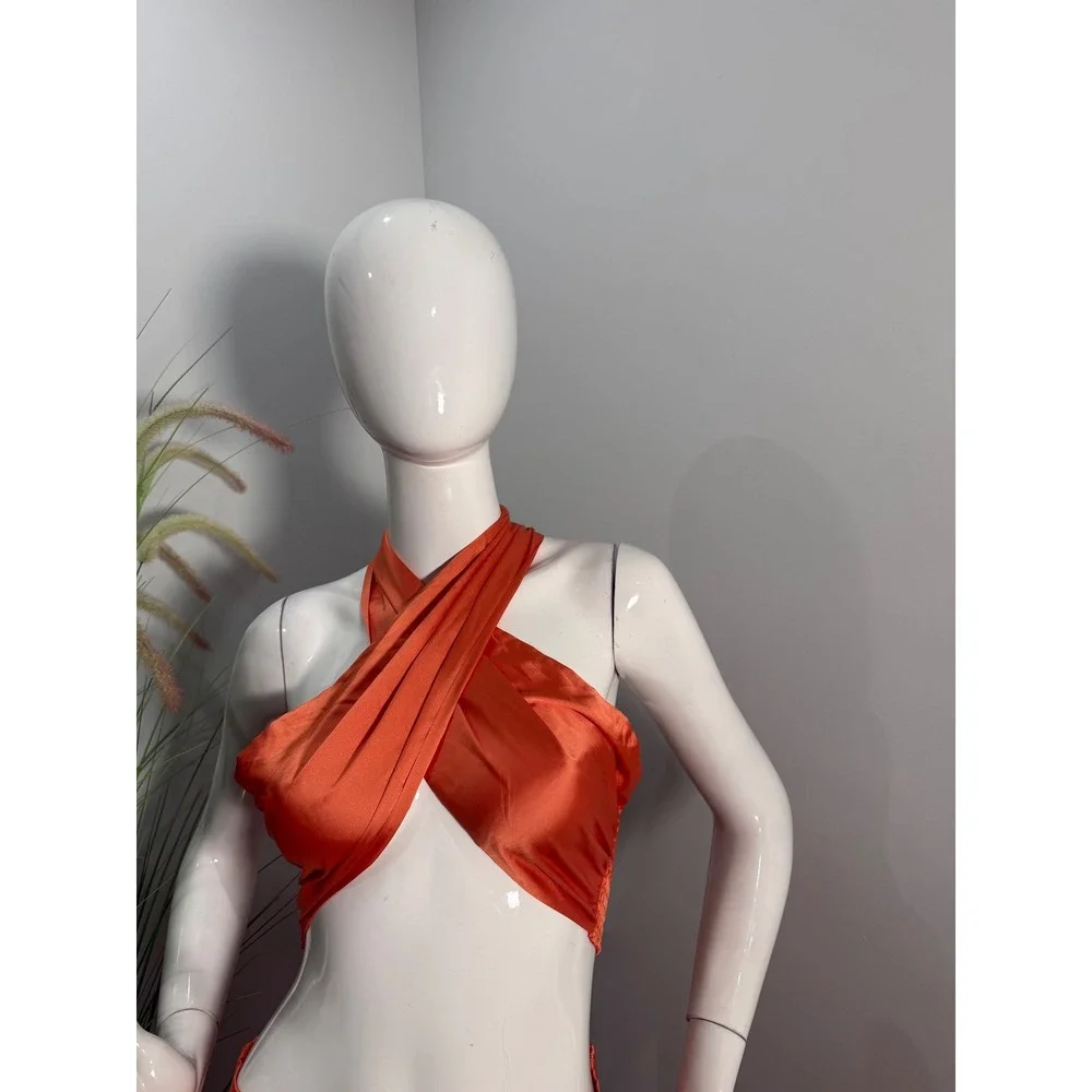 Micas Orange Pleated Two-Piece Halter Skirt Set – Elegant Summer size XL‎