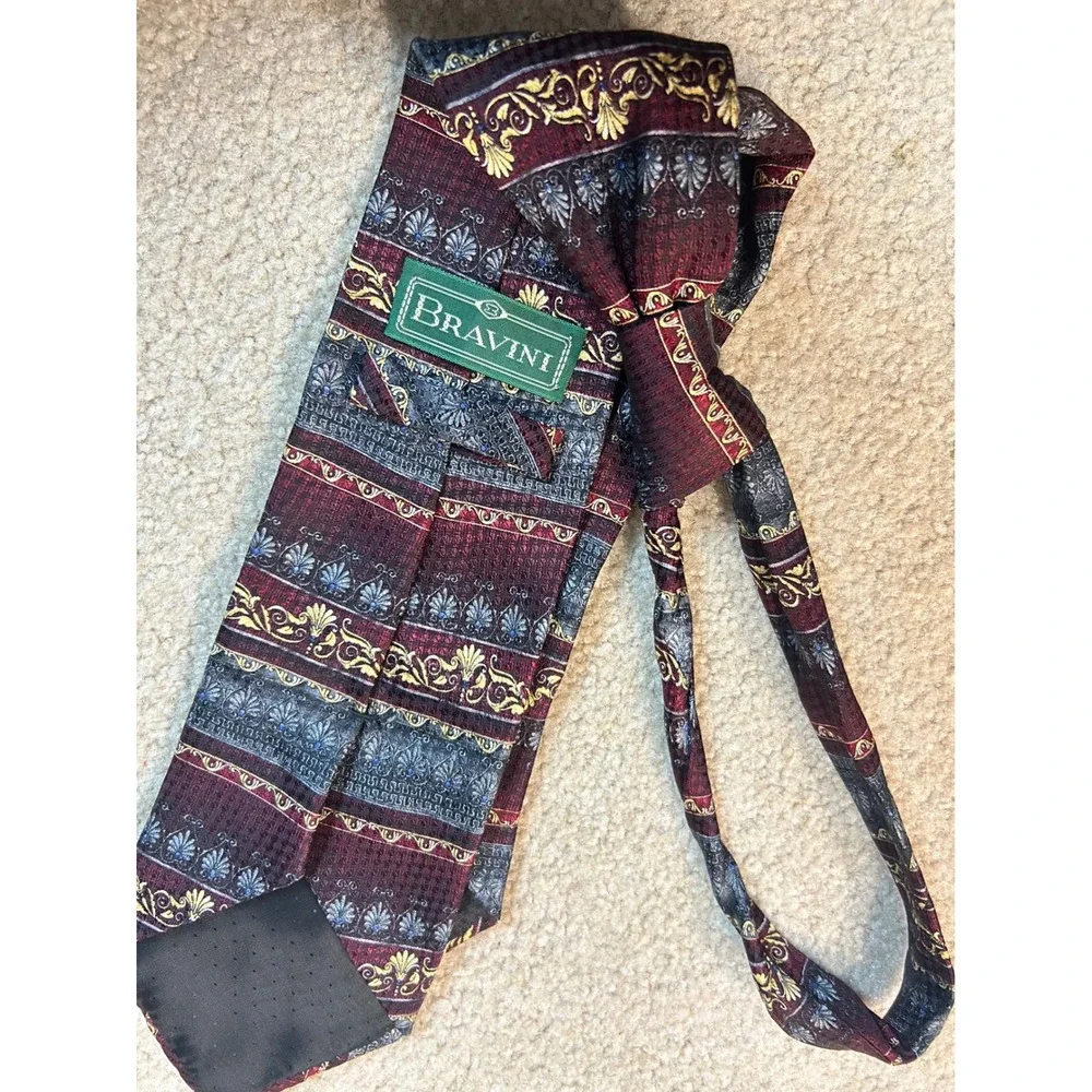 Bravini Mens 100 Silk Necktie Burgundy Blue Gold Greek Key‎ Pattern