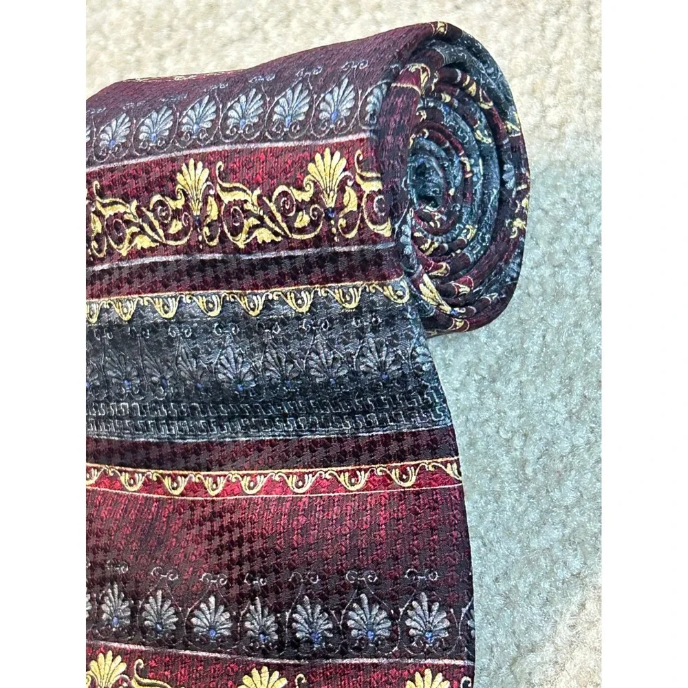 Bravini Mens 100 Silk Necktie Burgundy Blue Gold Greek Key‎ Pattern