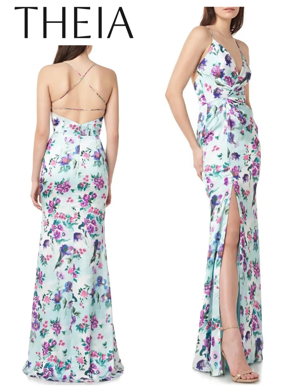 LOVE by Theia Watercolor Floral Strappy Back Gown