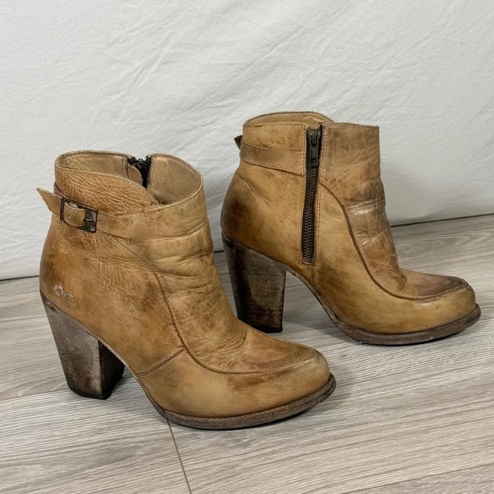 Bed‎ Stu Distressed Tan Isla Leather Ankle Boots Block Heel Side Zip 8078 Size 8
