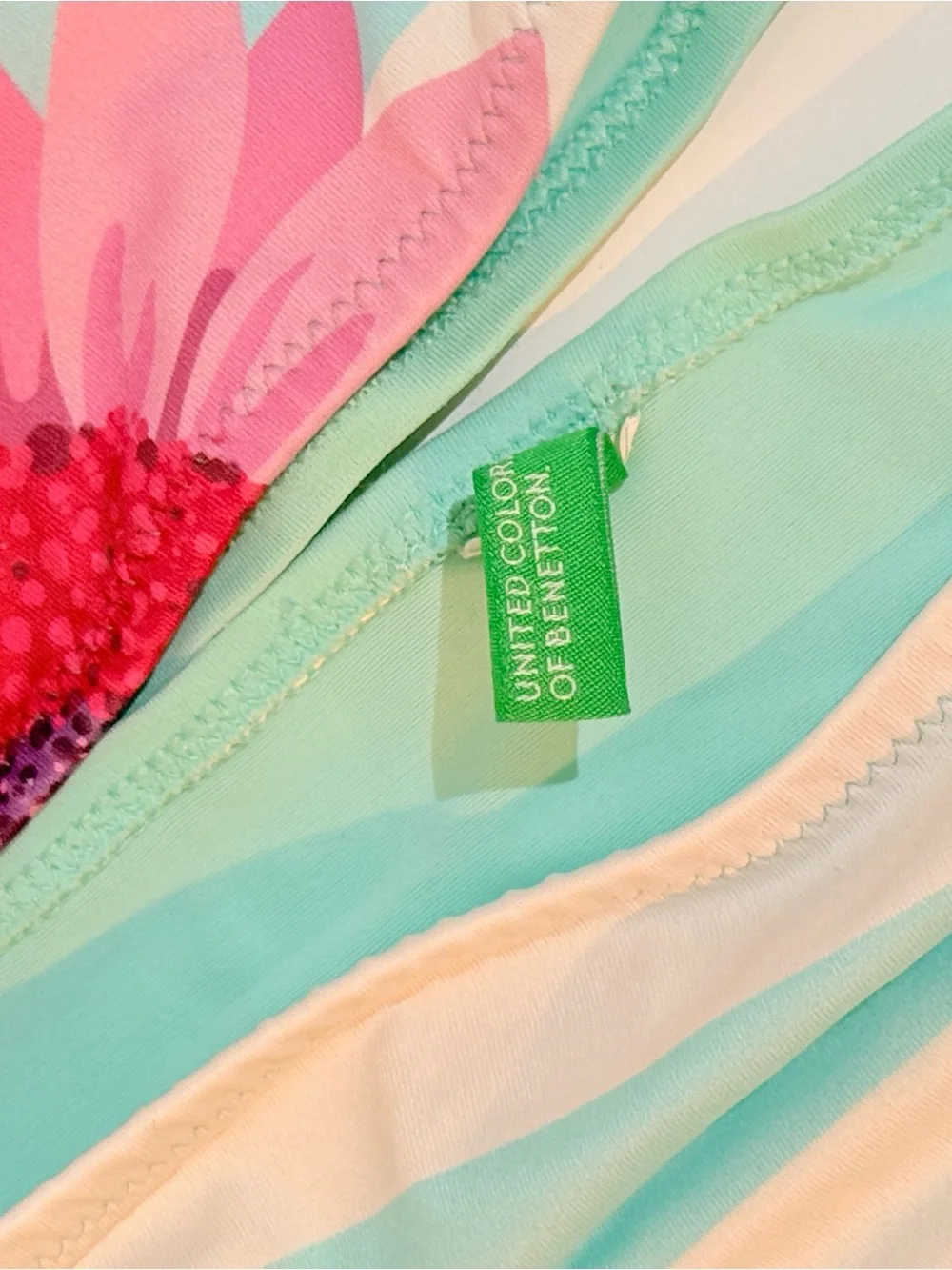 Benetton Girls Aqua White Striped Two-Piece Swimsuit with Pink Flower Size 5/6