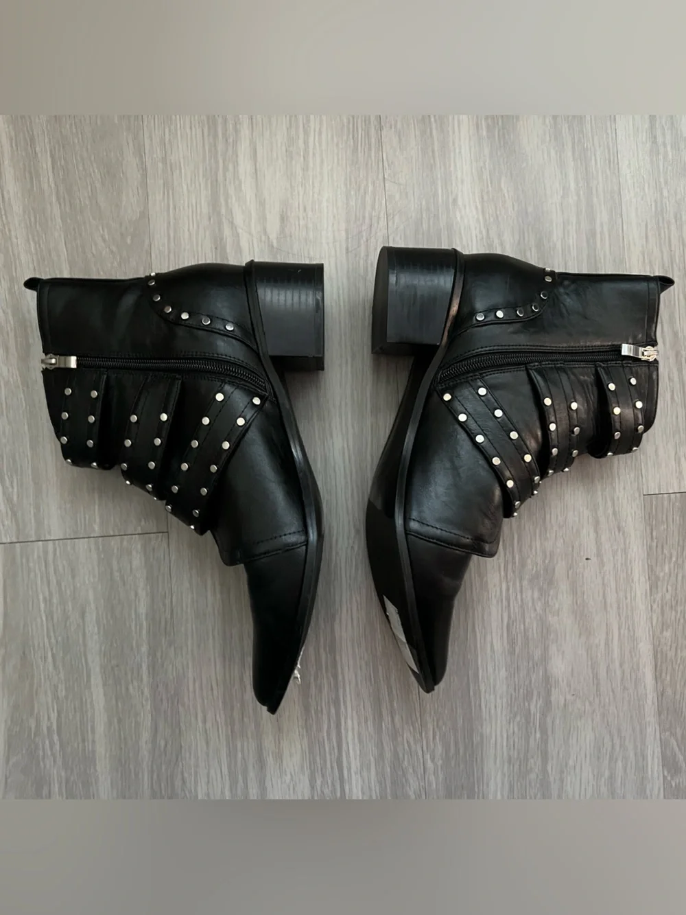 City Chic Zeta Studded Buckle Moto Western Ankle Boots Black Pointed Toe EU 42