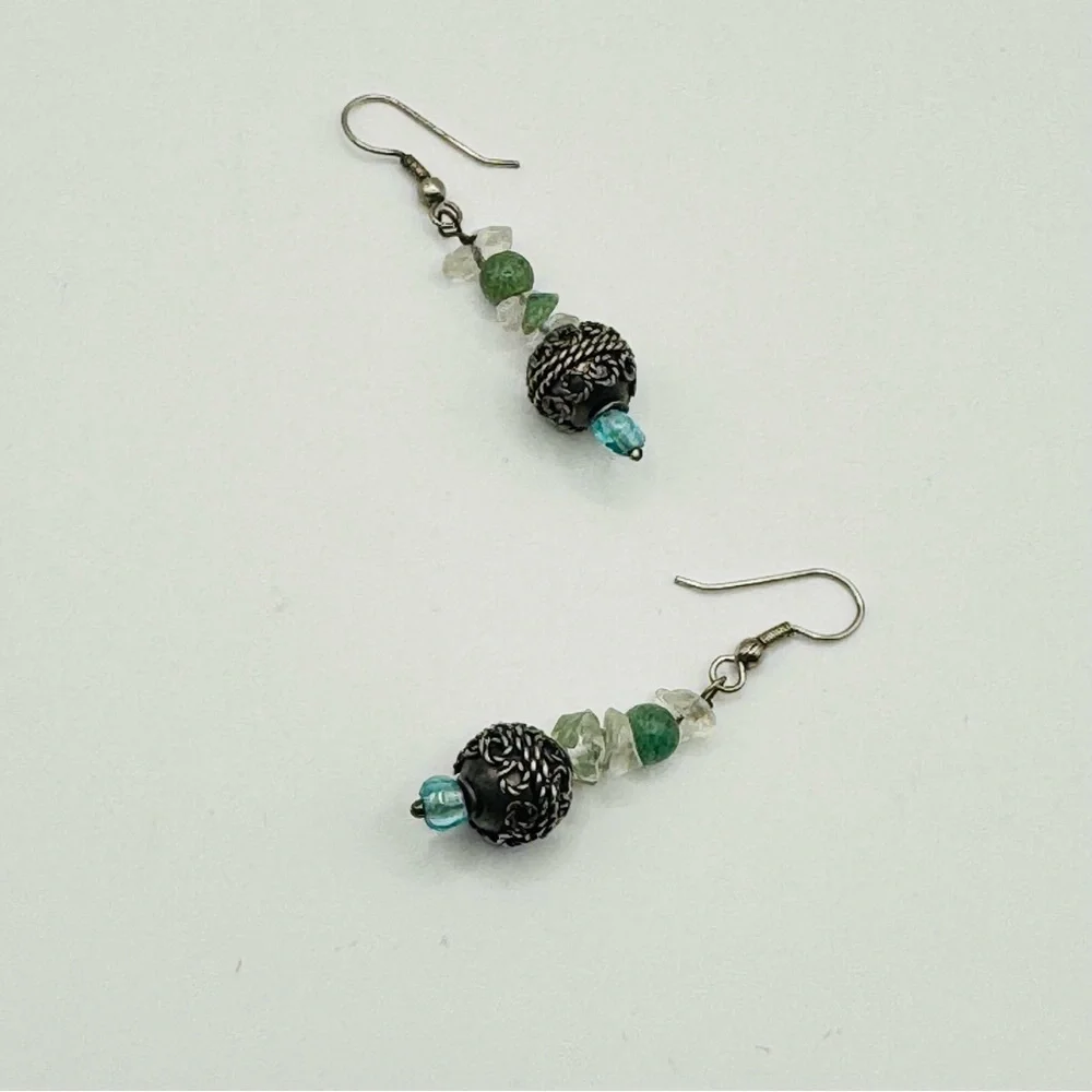 Green Stone & Quartz Dangle Earrings | Oxidized Silver Beads Artisan Boho Style