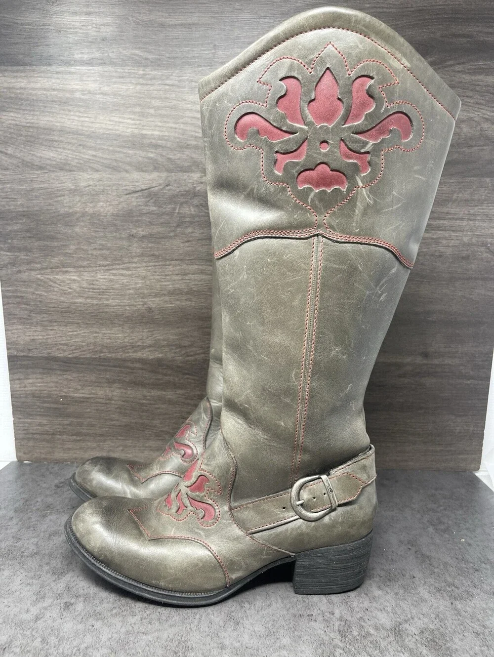 BORN Moe Distressed Leather Wide Calf Boots Womens Size 6 Grey Red High Tall