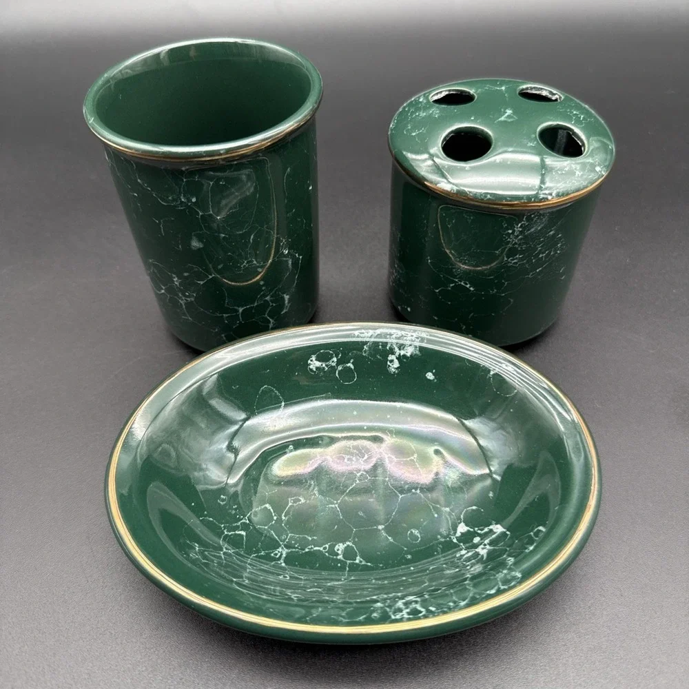 Green Marble Soap Dish Tumbler Toothbrush Holder Bathroom Set Vintage Gold Rim‎