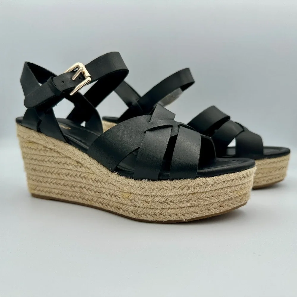 Aldo Meresha Black Espadrille Wedge Sandals Platform Strappy Ankle Strap 7.5