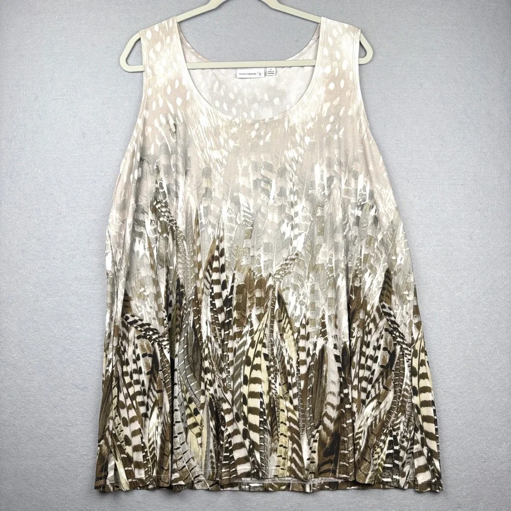 Susan Graver Liquid Knit Tank Top Womens 3X Feather Print Scoop Neck Eclectic