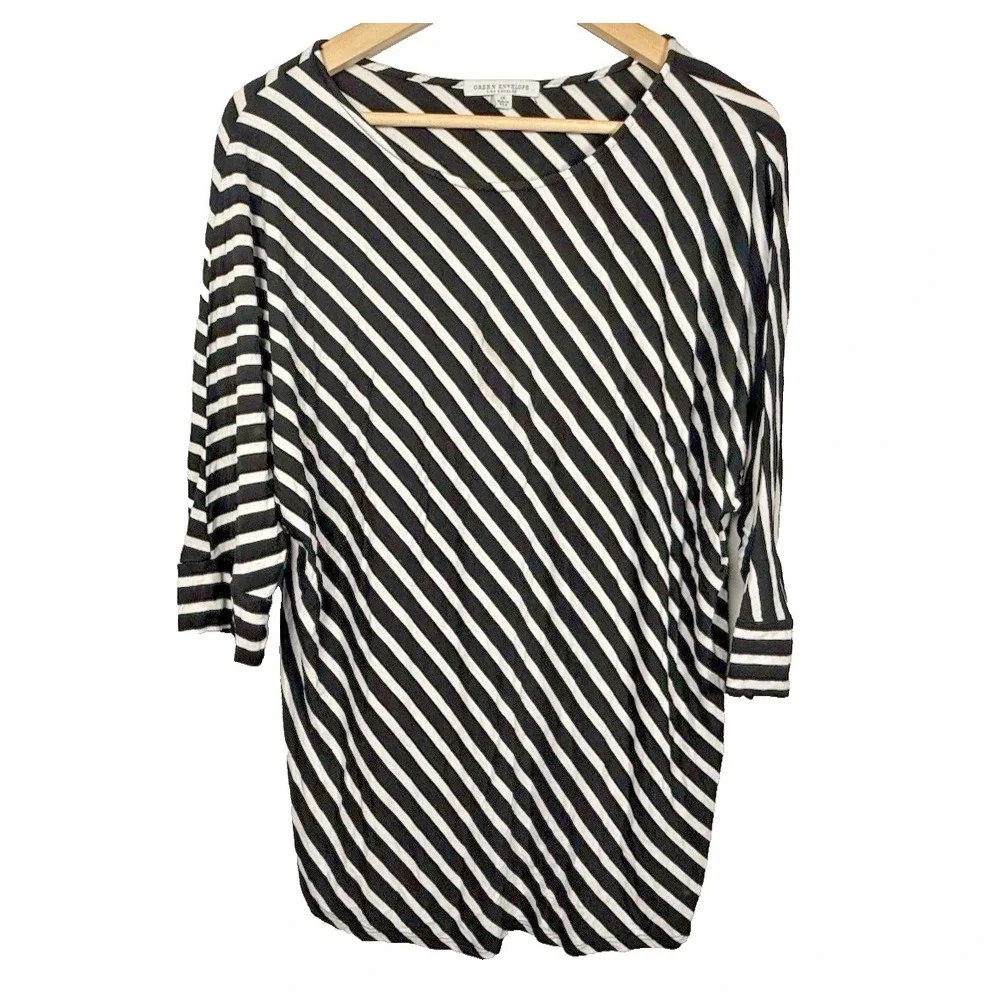Green Envelope Womens 1X Stripe 3/4 Dolman Sleeve Black White Tunic Blouse Shirt