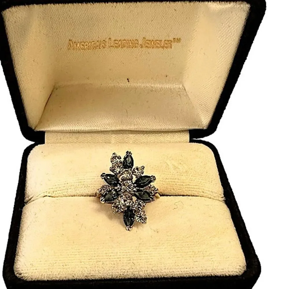 Vintage 18KT HGF Gold Sapphire blue gemstone and CZ cocktail ring Size 8-8.5