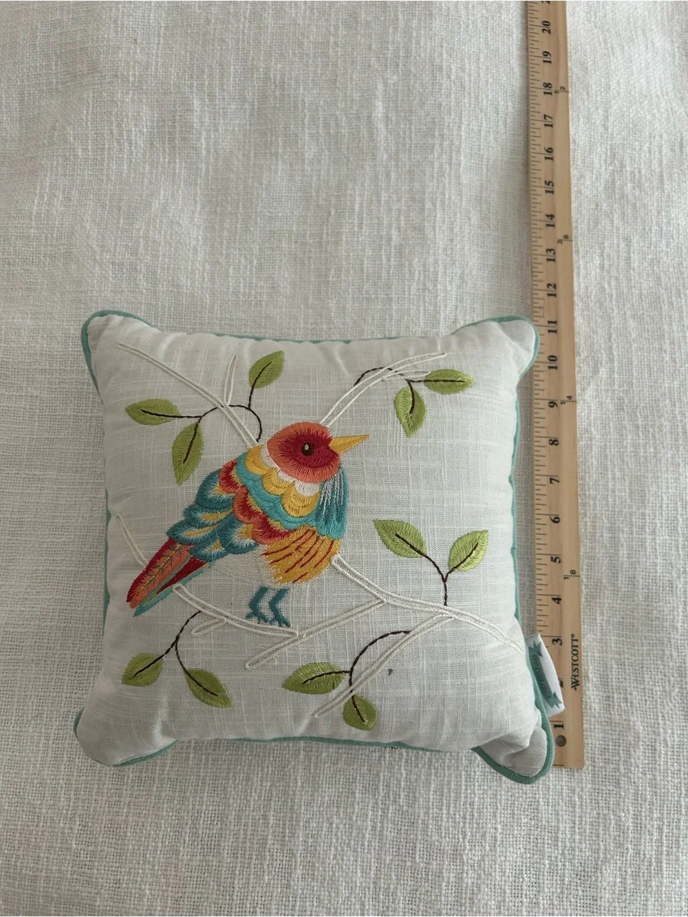 Bird Embroidered Accent Throw Pillow White Colorful Branch Cottage Decor