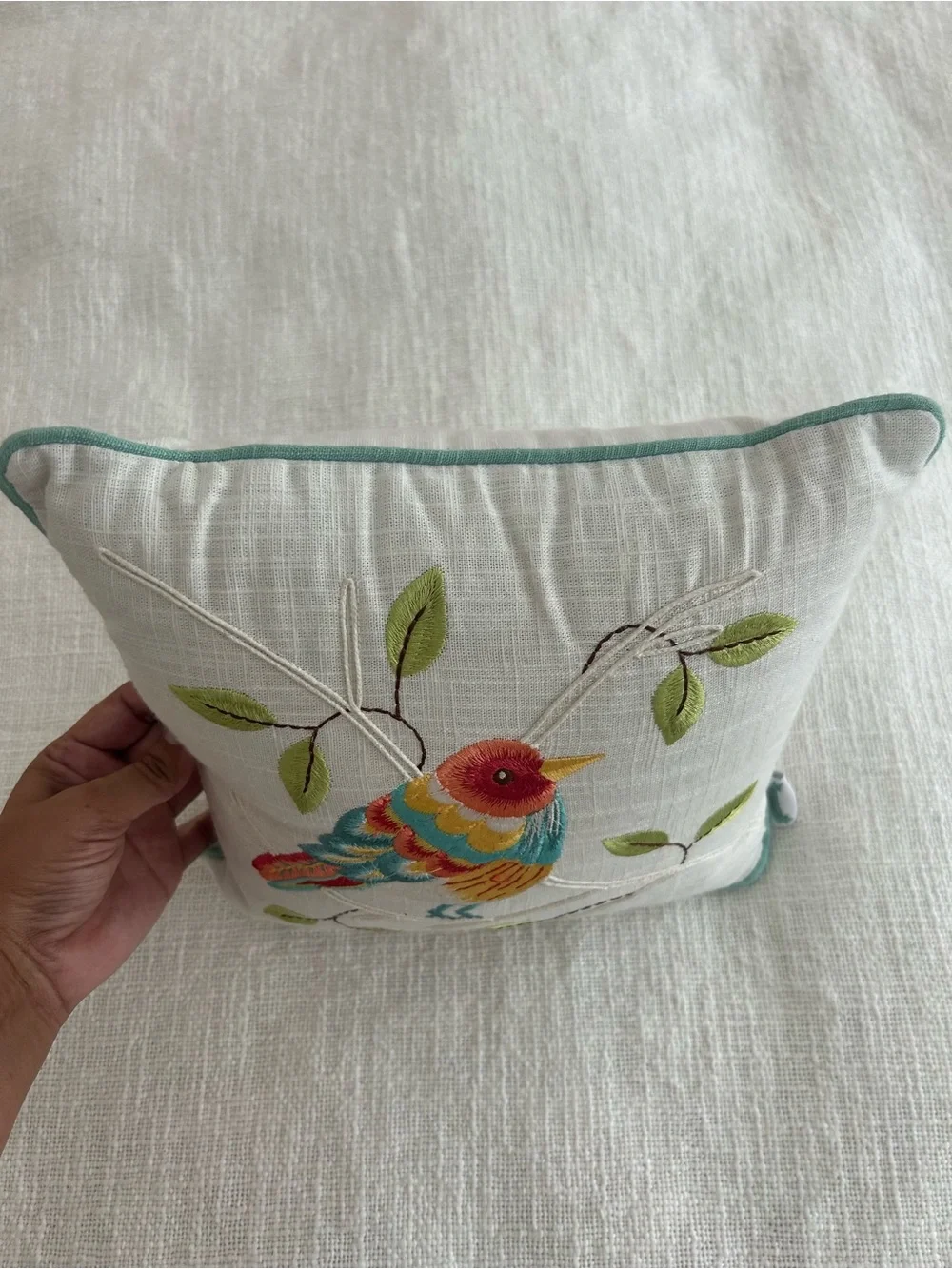 Bird Embroidered Accent Throw Pillow White Colorful Branch Cottage Decor