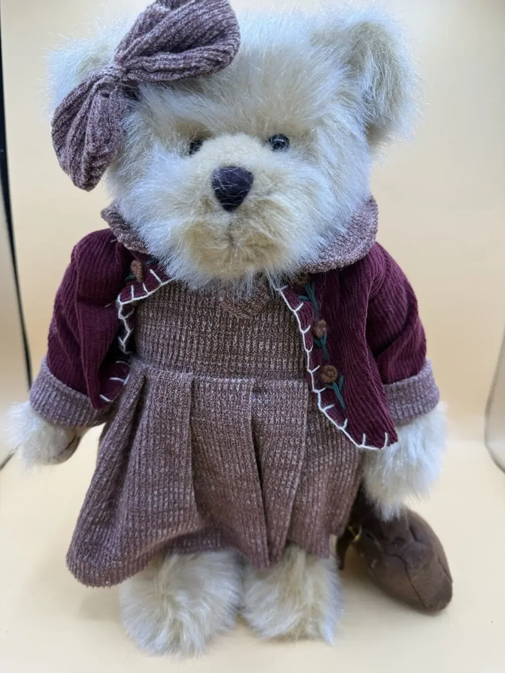 Vintage Plush Teddy Bear Burgundy Jacket Pink Dress Bow Purse 11” Stuffed Animal
