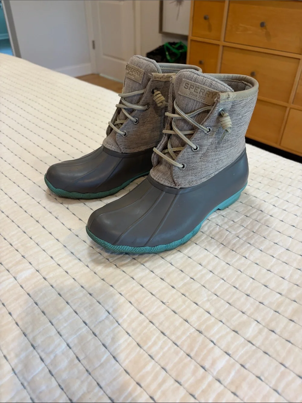 Sperry Gray and Teal Duck Boots