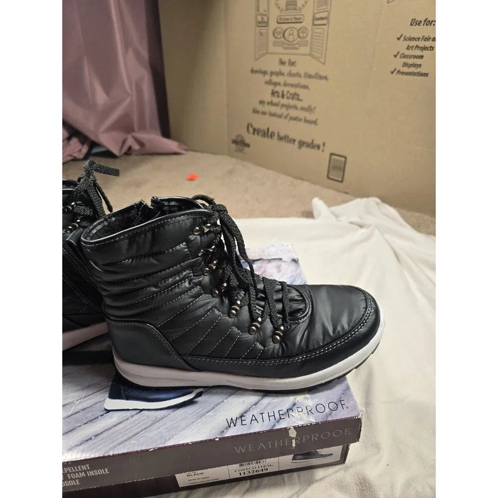 sz 10M - Weatherproof Womens Alexa 1132649 Black Round Toe Lace Up Ankle Boots