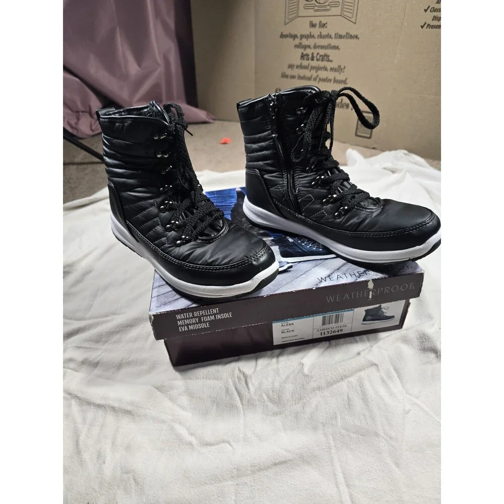 sz 10M - Weatherproof Womens Alexa 1132649 Black Round Toe Lace Up Ankle Boots