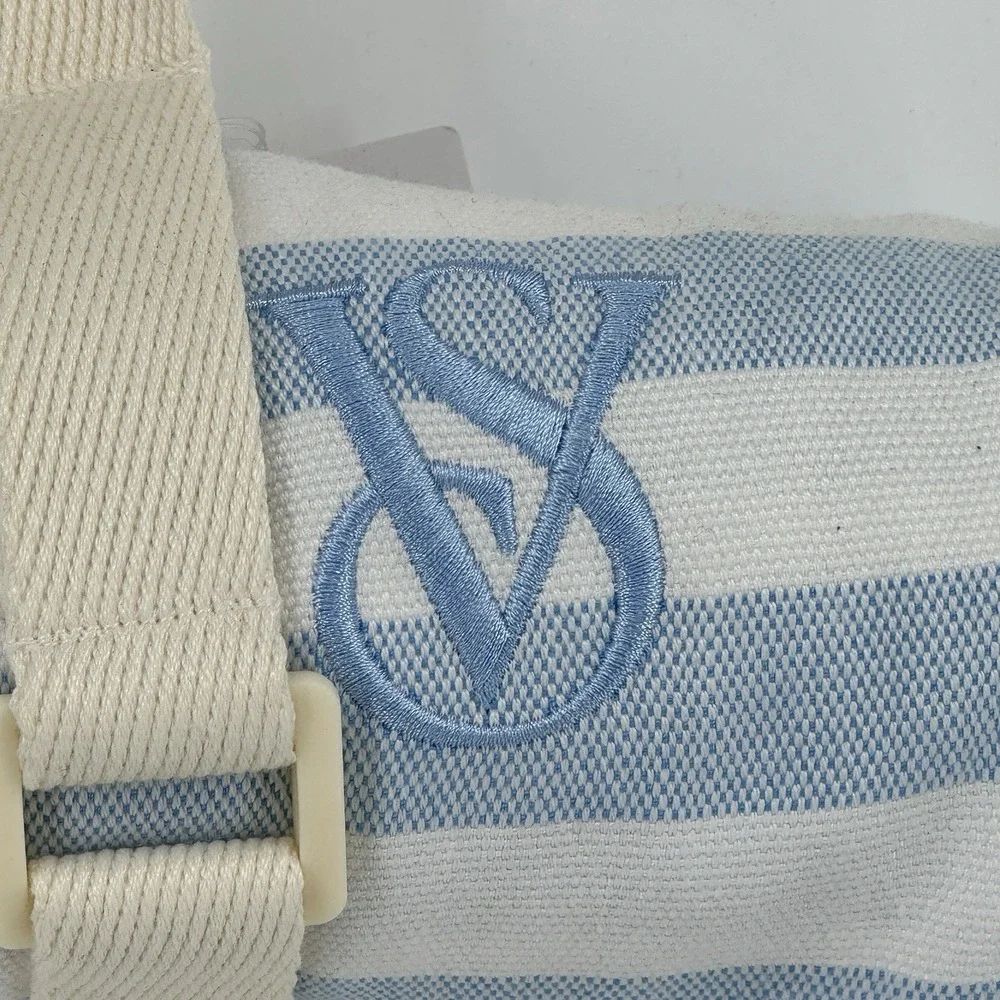 Victoria Secret Beach Blanket Blue White Stripe Fringe Tassels 34 x 64 Fold Up