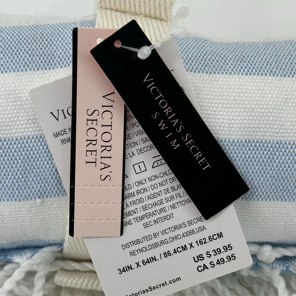 Victoria Secret Beach Blanket Blue White Stripe Fringe Tassels 34 x 64 Fold Up