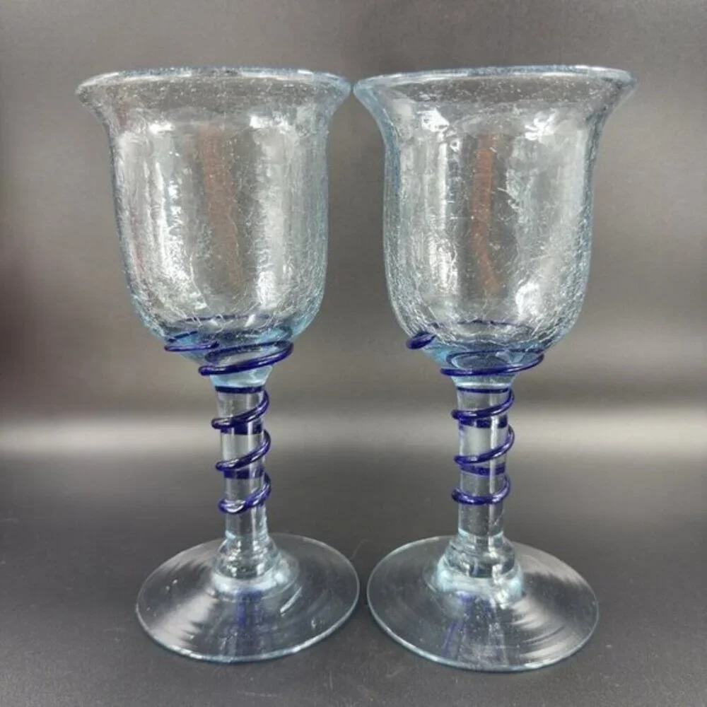 Hand‎ Blown Crackle Glass Goblet Drinking Glasses Set 2 Clear Blue Swirl Goblets