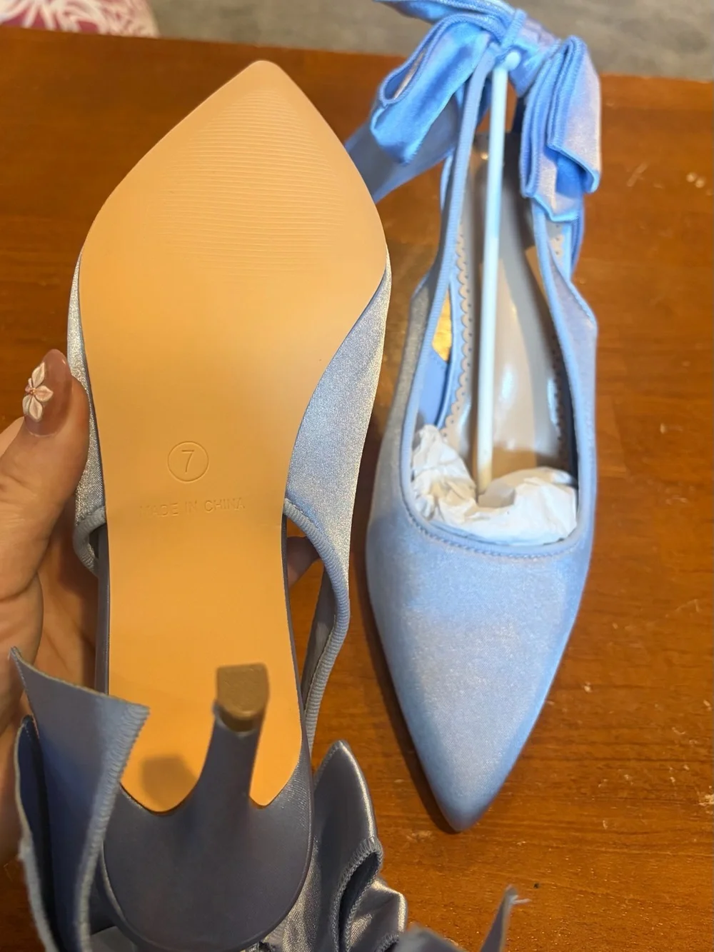 Blue Satin Slingback‎ Heels Bow Stiletto Pumps Wedding Bridal Shoes Size 7 New