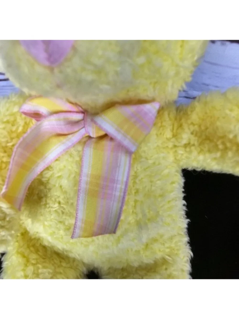 Yellow Teddy Bear Plush By Russ Berrie With Pink Nose & Plaid Bow Stuffed Animal